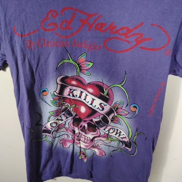 Ed Hardy Love Kills Slowly Men’s Small Purple Graphic Tee Y2K Tattoo Skull 2000s - Picture 2 of 8